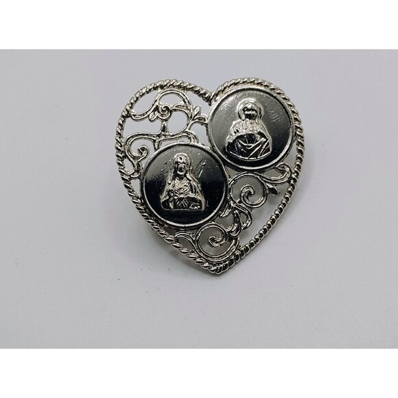 Blessed Virgin Mary & Jesus Heart Design Silver Tone Medal Pin Religious Brooch - Picture 2 of 4